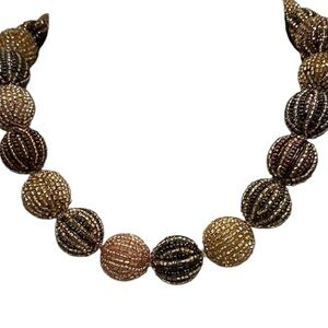 Chunky Beaded Statement Necklace Neutral Brown Beige Gold 18-21”